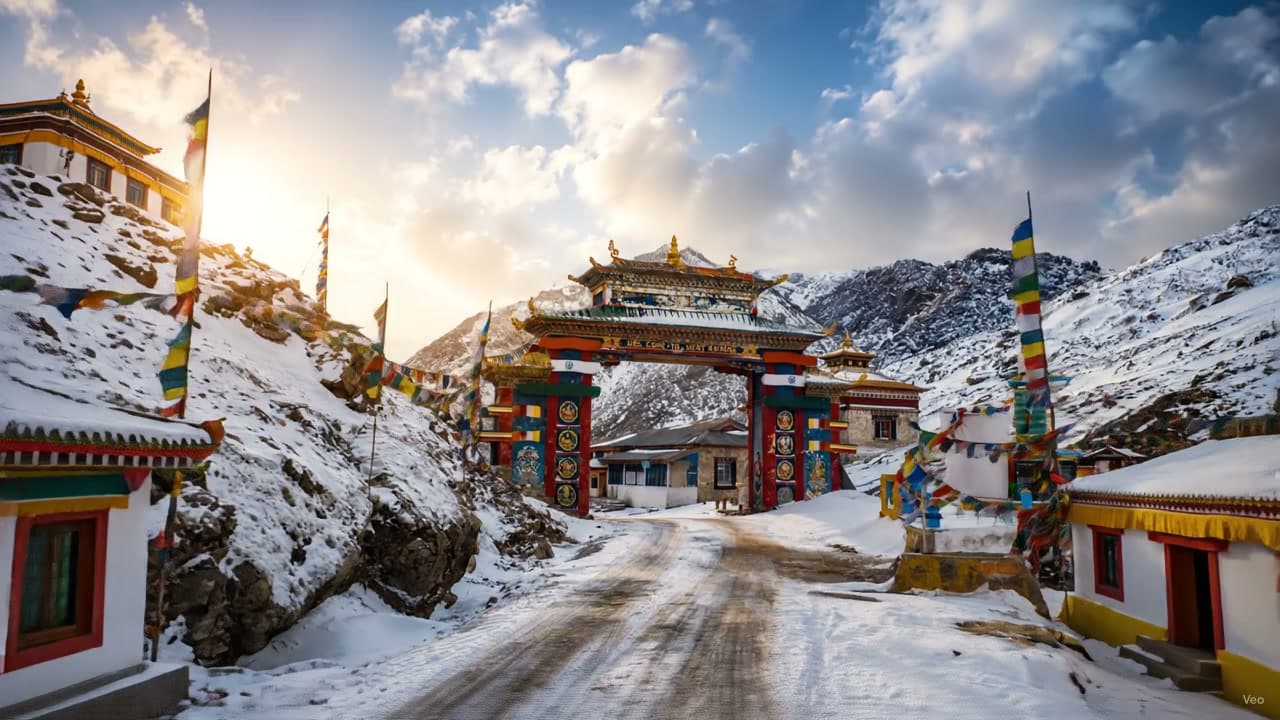 Tawang Monastery amid snow-capped mountains in Arunachal Pradesh