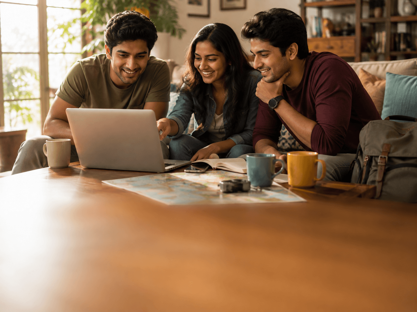 Three friends planning a Northeast India trip together on a laptop, with a paper map, notebook and mugs of tea on the table
