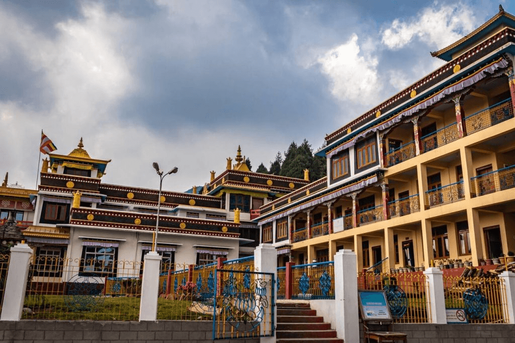 Bomdila Monastery with panoramic snow-capped Himalayan Mountain views and misty valley in Arunachal Pradesh, Northeast India