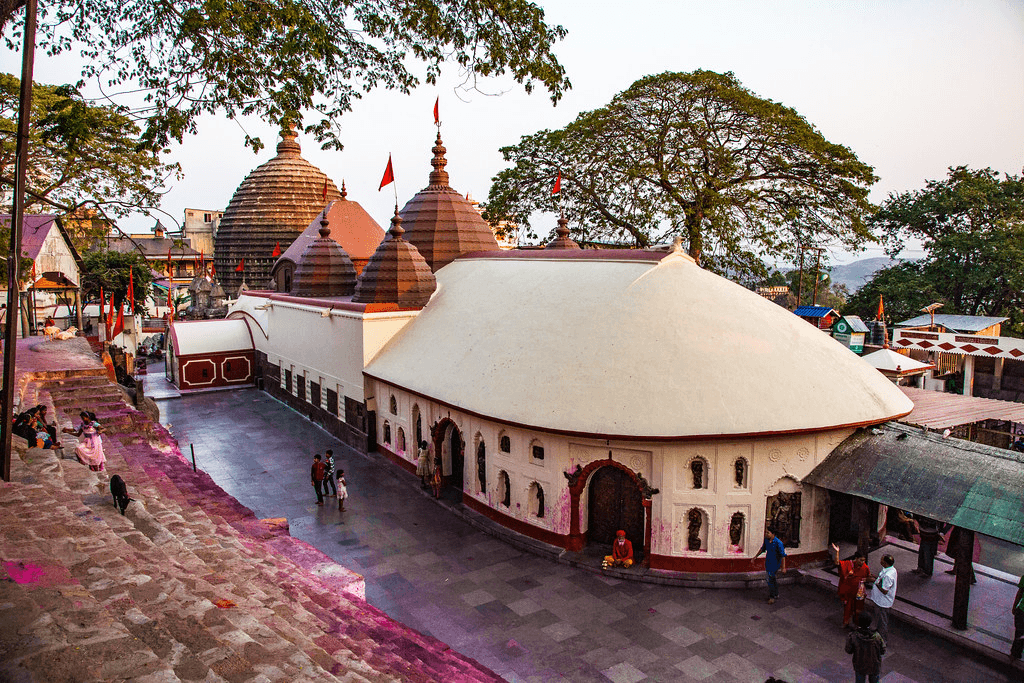 Kamakhya Temple on Nilachal Hill with the Brahmaputra River and Guwahati city skyline in Assam, Northeast India.